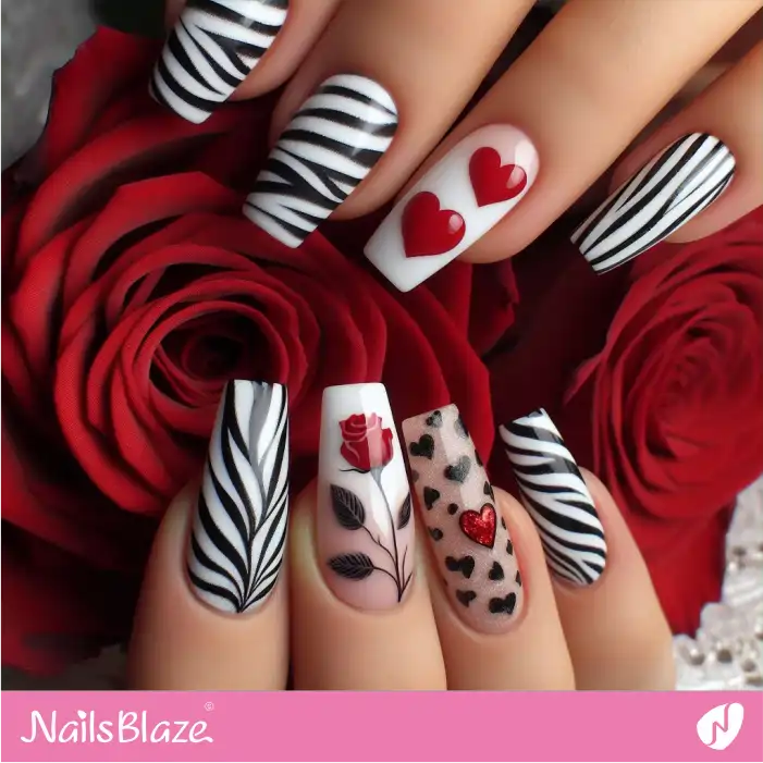 Hearts and a Rose Zebra Print Nails | Animal Print Nails - NB2464